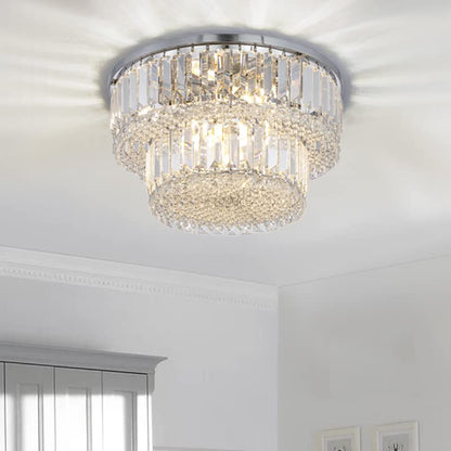 Berliget Chrome Crystal Flush Mount Chandelier, Modern Round Crystal Ceiling Light Fixture, Bling Silver Raindrop Ceiling Lamp for Closet Bedroom Living Room Dining Room, 2 Tier 6 Llight H10 x D16