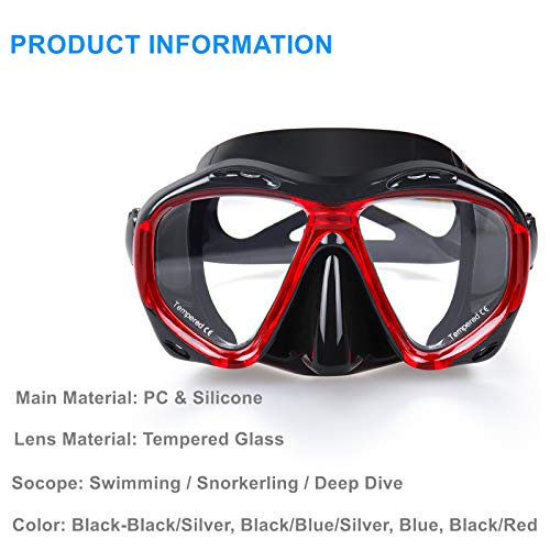 Snorkel Diving Mask Panoramic HD Swim Mask, Anti-Fog Scuba Diving Goggles,Tempered Glass Dive Mask Adult Youth Swim Goggles with Nose Cover for Diving, Snorkeling, Swimming (A-Black Red)