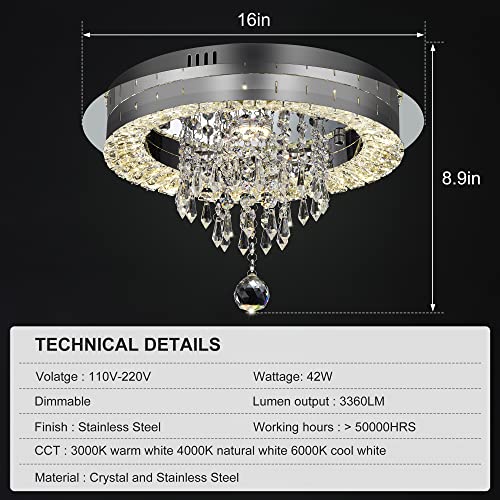Sunny Hawaii Elegant Bead Crystal Chandelier, 16in Modern Led Indoor Ceiling Lamp, Flush Mount Ceiling Light Fixture for Kitchen Bathroom Bedroom Dining Room.
