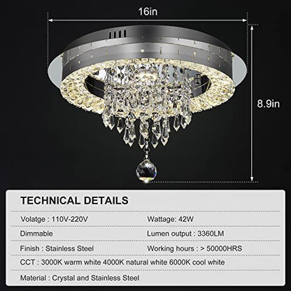 Sunny Hawaii Elegant Bead Crystal Chandelier, 16in Modern Led Indoor Ceiling Lamp, Flush Mount Ceiling Light Fixture for Kitchen Bathroom Bedroom Dining Room.