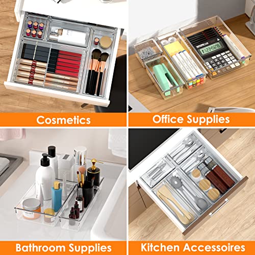 25PCS Extra Sturdy Clear Plastic Drawer Organizer Trays with 100pcs Non-Slip Pads, 4 Sizes Desk Drawer Divider Organizers and Storage Bins for Makeup, Bathroom, Office, Kitchen, Bedroom, Jewelry