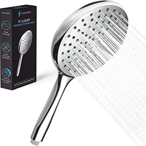 SparkPod Handheld Shower Head - 6 - Inch Round Shower Head - Rainfall Experience - Tool-Free Installation - Without Bracket or Hose - Pressure Shower Head Luxury Polished Chrome - Pet Friendly Shower