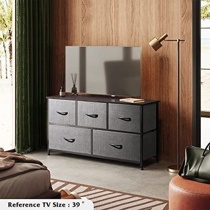 WLIVE Dresser for Bedroom with 5 Drawers, Wide Chest of Drawers, Fabric Dresser, Storage Organizer Unit with Fabric Bins for Closet, Living Room, Hallway, Nursery, Dark Grey