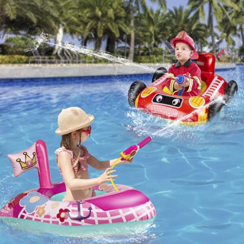 2 Pack Kids Pool Floats with Squirt Gun, Inflatable Pool Toys for Kids, Pink Flower Princess Pool Toys for Girls, Blow up Fire Truck Pool Floats for Toddlers，Baby Water Float Summer Pool Game Toys