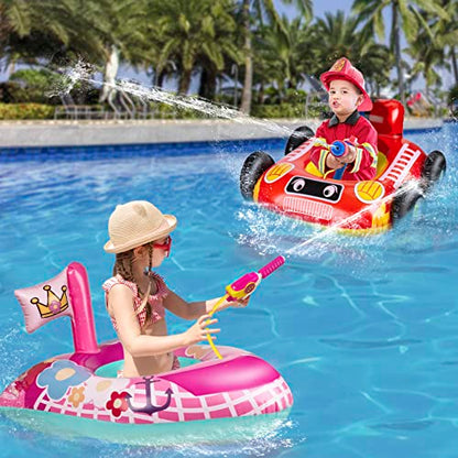 2 Pack Kids Pool Floats with Squirt Gun, Inflatable Pool Toys for Kids, Pink Flower Princess Pool Toys for Girls, Blow up Fire Truck Pool Floats for Toddlers，Baby Water Float Summer Pool Game Toys