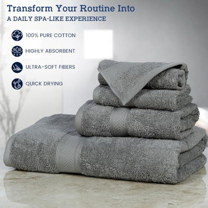 CASALINO Plush Collection Towel Set, Premium Quality 100% Pure Cotton, Highly Absorbent, Super Soft, Soft and Plush, (4 PCS Hand Towel Set, Silver)