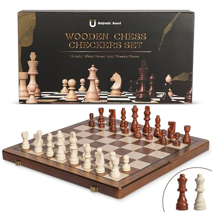 DAWEN LONE 15" Chess Set,Chess Board,Magnetic Wooden Chess Board,Augment 2 Queen,Folding Board Individual Piece Storage Slot and Storage Bag,Suitable for Beginners All Chess Lovers