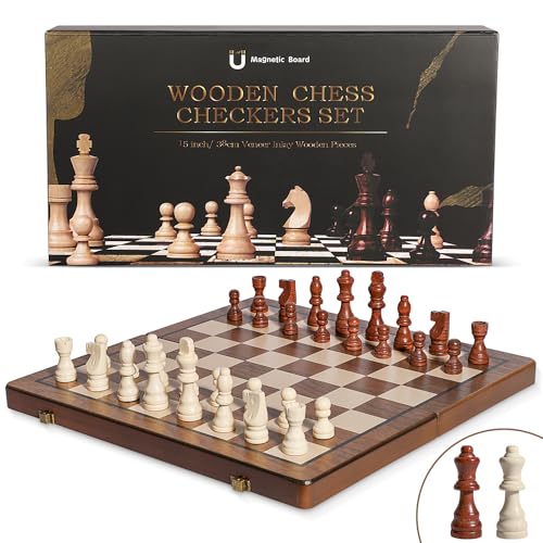 DAWEN LONE 15" Chess Set,Chess Board,Magnetic Wooden Chess Board,Augment 2 Queen,Folding Board Individual Piece Storage Slot and Storage Bag,Suitable for Beginners All Chess Lovers