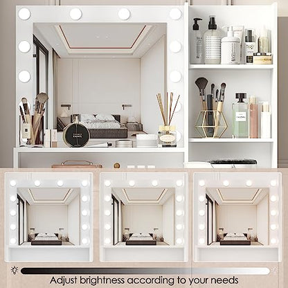 Palimder Vanity Desk with Mirror & Light, Large Drawer & Three Level Storage Dresser, 3 Lighting Modes Adjustable Brightness, Bedroom Dressing Table (White)