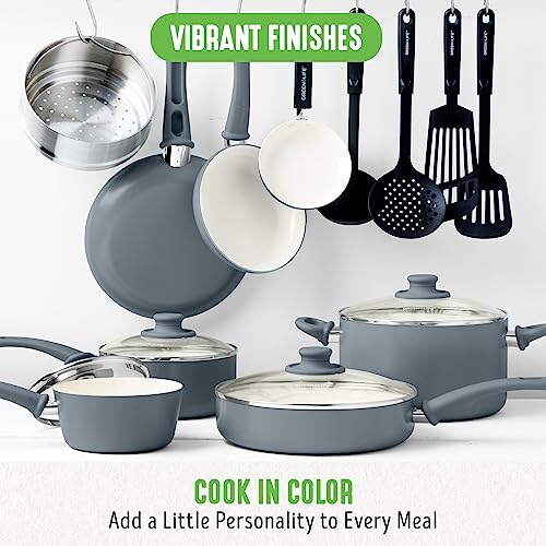 GreenLife Soft Grip Healthy Ceramic Nonstick 16 Piece Kitchen Cookware Pots and Frying Sauce Saute Pans Set, PFAS-Free with Kitchen Utensils and Lid, Dishwasher Safe, Quartz Gray