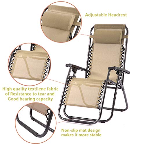 FDW Set of 2 Zero Gravity Chairs Lounge Patio Chairs Outdoor Yard Beach Garden(Tan)