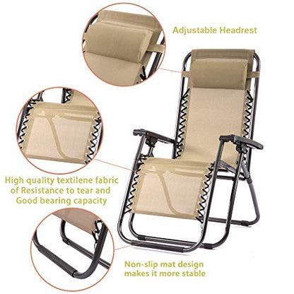 FDW Set of 2 Zero Gravity Chairs Lounge Patio Chairs Outdoor Yard Beach Garden(Tan)