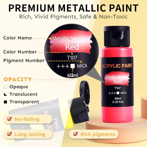 Metallic Acrylic Paint Set with 12 Brushes, Metallic Acrylic Paint Sets with 20 Colors (60ml, 2oz), Acrylic Paint Set for Artists, Beginners on Rocks, Canvas, Wood, Fabric