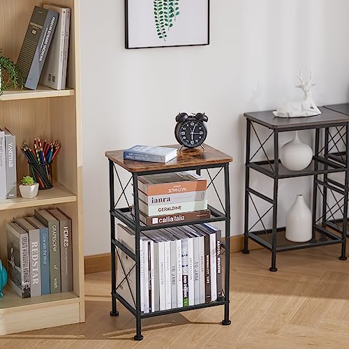 ruboka 3-Tier Small End Tables,Narrow Side Table with Steel Grid Storage Shelves,Slim Nightstand X-Design Sofa Side Table Small Bookshelf Bookcase,Display Rack for Living Room,Bedroom,Rustic Brown