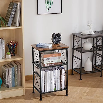 ruboka 3-Tier Small End Tables,Narrow Side Table with Steel Grid Storage Shelves,Slim Nightstand X-Design Sofa Side Table Small Bookshelf Bookcase,Display Rack for Living Room,Bedroom,Rustic Brown