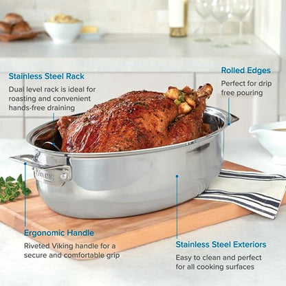 Viking Culinary 3-Ply Stainless Steel Oval Roasting Pan, 8.5 Quart, Includes Metal Induction Lid & Rack, Dishwasher, Oven Safe, Works on All Cooktops including Induction