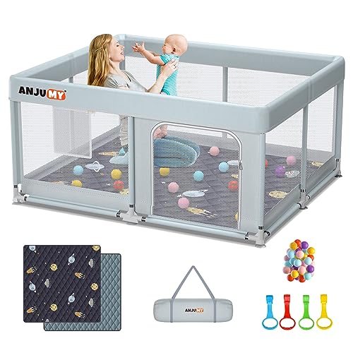 ANJUMY Baby Playpen with Mat Included 50x50 playpen for Babies and Toddlers,Indoor & Outdoor Activity Center,Kids Playpen with Gate,Safety Baby Fence Play Area with 50pcs Ocean Balls,Breathable Mesh