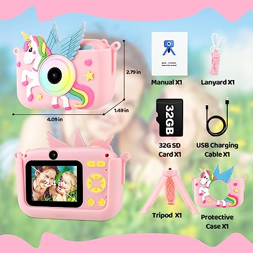 Kids Camera for Girls,2.4-in Kids Camera with Tripod Timelapse Camera with 32GB SD Card 1080 HD Digital Video Camera for 3-12 Years Old Girls Boys Toddler Selfie Camera with Silicone Cover