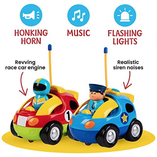 PREXTEX Toddler Remote Control Car, 2pk - Two Cartoon RC Cars: Police & Race Car - Toddler Toys - Gift Toys for 3+ Year Old Boys, 3 Year Old Boy Toys, Car Toys for 3 Year Old Boys