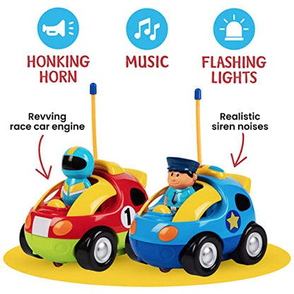 PREXTEX Toddler Remote Control Car, 2pk - Two Cartoon RC Cars: Police & Race Car - Toddler Toys - Gift Toys for 3+ Year Old Boys, 3 Year Old Boy Toys, Car Toys for 3 Year Old Boys