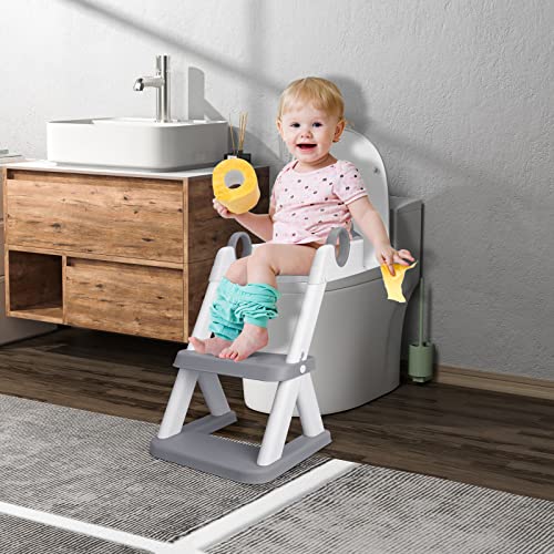 Kylinton® Potty Training Seat, Upgrade 2 in 1 Potty Training Toilet Seat and Step Stools for Kids, Splash Guard Anti-Slip Pad Potty Seat for Boys Girls, Triangle Foot Step Design Most Sturdy (Grey)