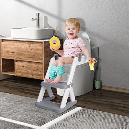 Kylinton® Potty Training Seat, Upgrade 2 in 1 Potty Training Toilet Seat and Step Stools for Kids, Splash Guard Anti-Slip Pad Potty Seat for Boys Girls, Triangle Foot Step Design Most Sturdy (Grey)