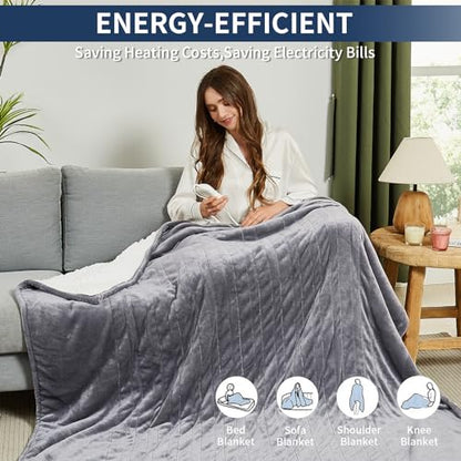 JKMAX Heated Blanket Electric Throw - 50"x60" Electric Heating Blanket 10 Heat Setting 5 Levels Auto-Off Heated Throw Blanket Overheat Protection Soft Flannel Sherpa Electric Blanket ETL Certified