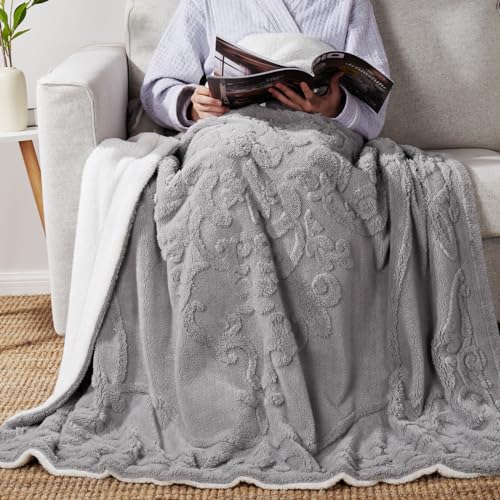 Amélie Home Sherpa Throw Blanket for Couch, Damask 3D Jacquard Pattern and Soft Teddy Sherpa Reverse, Decorative Fleece Thick Warm Blanket for Sofa Bed, Grey, 60"x 80"