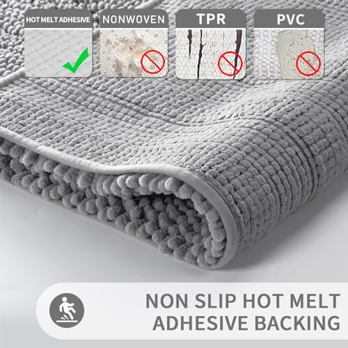 Yimobra Luxury Chenille Bathroom Rugs Sets 2 Piece, Extra Thick Non Slip Quick Dry Bath Mat for Shower Floor, Fluffy Shaggy Microfiber Absorbent Machine Washable Bathmat (Grey, 20" x 32"+17" x 24")