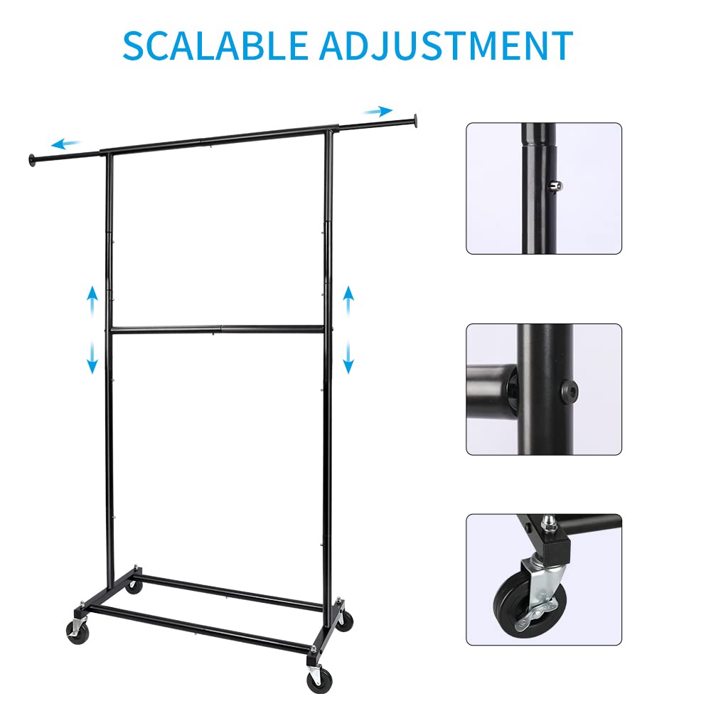 Fishat Simple Standard Double Rod Rolling Clothing Garment Rack for Hanging Clothes, Metal Clothes Organizer with Lockable Wheels (Black)