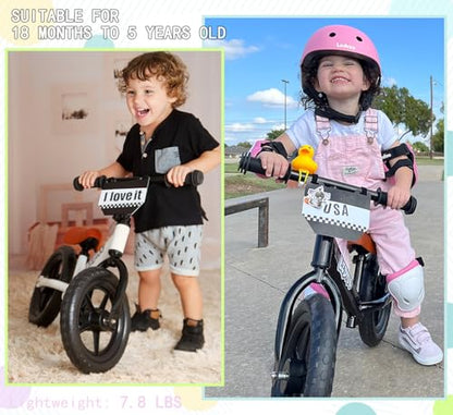 LEDIVO Toddler Balance Bike 2 Year Old, Age 18 Months to 5 Years Old, 12" Push Bicycle w/Customize Plate (4 Sets of Stickers & Toy Duck Included), Kids Balancing Gift Bike for 3-4 yrs Boys Girls