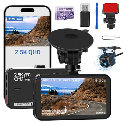 Dash Cam Front and Rear, Dash Camera for Cars WiFi/APP Control Dual Dashcam W/ 64GB Card, 2.5K Dash Cam Front+1080P Rear Car Camera W/Super Night Vision, Loop Recording, G-Sensor, Max Support 256GB
