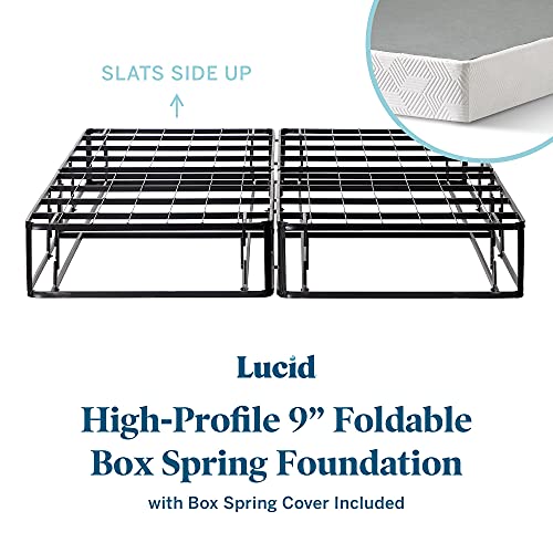 LUCID 5 Inch Memory Foam Bamboo Charcoal Mattress and 9 Inch Steel Foldable Full Box Spring Foundation with Center Support Bolts and Cover