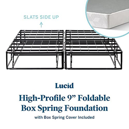 LUCID 5 Inch Memory Foam Bamboo Charcoal Mattress and 9 Inch Steel Foldable Full Box Spring Foundation with Center Support Bolts and Cover