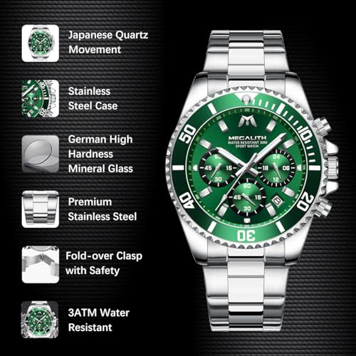 MEGALITH Mens Watches with Stainless Steel Waterproof Analog Quartz Fashion Business Chronograph Green Watch for Men, Auto Date