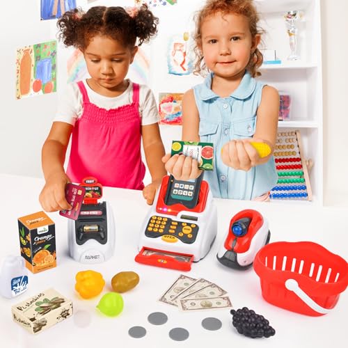 Victostar Toy Cash Register for Kids with Checkout Scanner,Fruit Card Reader, Credit Card Machine, Play Money and Food Shopping Play Set