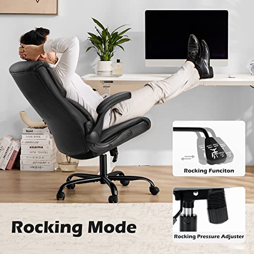 JHK Executive High Back Big and Tall Leather Office Desk Chairs with Flip Up Arms Ergonomic Lumbar Support, Adjustable Height,Wheels, Soft Padded, Black
