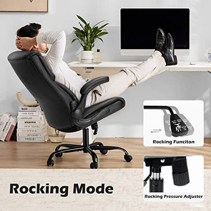 JHK Executive High Back Big and Tall Leather Office Desk Chairs with Flip Up Arms Ergonomic Lumbar Support, Adjustable Height,Wheels, Soft Padded, Black