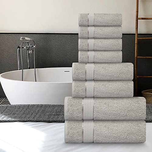 Bath Towels Set-100% Cotton-2 Bath Towels, 2 Hand Towels & 4 Washcloths-Large, Quick Dry, Absorbent, Plush, Soft-Home, Gym, Yoga, Spa, Shower Towels -8 Piece Luxury Bathroom Towels - Light Grey/Silver