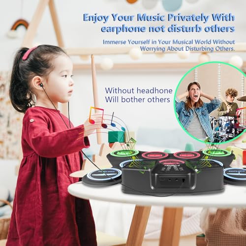 FVEREY Electric Drum Set, 9 Drum Practice Pads, Roll Up Drum Kit, Portable Digital Drum Machine with Headphone Jack, Built-in Speaker, Drum Sticks, Pedals, Christmas Birthday Gift for Beginner, Kids