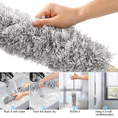 Clonynix Microfiber Feather Duster with Telescopic 30"-100" Long Stainless Steel Pole & Bendable Head, Washable Duster for Cleaning Interior Roof,High Ceiling Fan, Blinds, Furniture & Cars