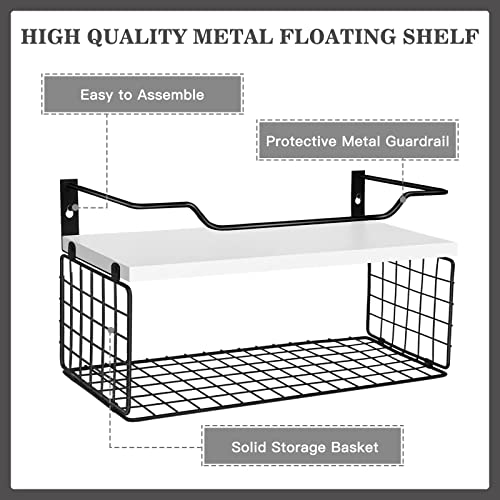 Floating Shelves, Bathroom Shelves with Metal Guardrail Shelves for Wall Decor Set of 3, Rustic Wood Wall Shelves for Bathroom,Bedroom, Living Room, Kitchen, Plants (White)
