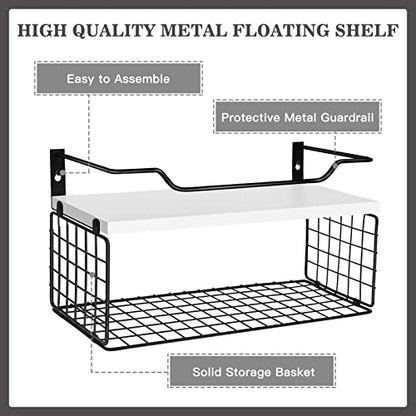 Floating Shelves, Bathroom Shelves with Metal Guardrail Shelves for Wall Decor Set of 3, Rustic Wood Wall Shelves for Bathroom,Bedroom, Living Room, Kitchen, Plants (White)