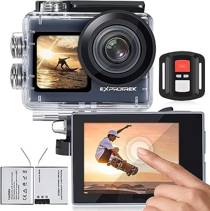 Exprotrek 4K Action Camera with Touch Screen, EIS Stabilization, 170 ° Ultra Wide Angle, 40 Meter Waterproof Underwater Camera, Remote Control Sports Camera with Helmet Accessory Set
