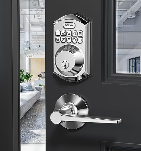 TEEHO TE001L Keyless Entry Door Lock with 2 Handles - Electronic Keypad Deadbolt with Door Lever, Front Door Handle Sets, Auto Lock, Easy Installation, Satin Nickel