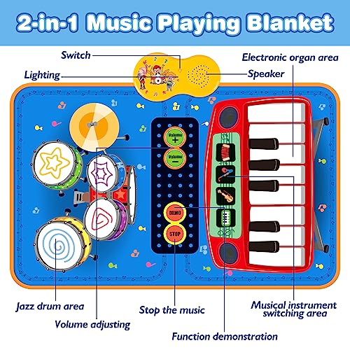 PECMPO Baby 2 in 1 Musical Mats-Piano Keyboard & Drum for Toddlers-Early Education Portable Touch Musical Play mat-Learning Toys Gifts for 1 2 3 4 5+ Ages Baby Girls Boys Toddler