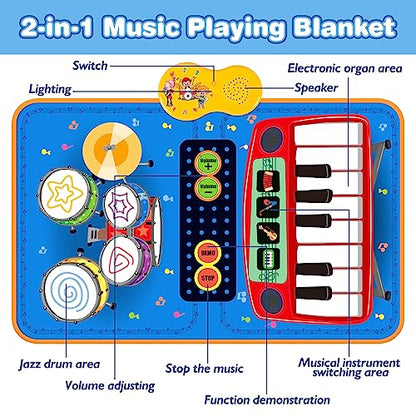 PECMPO Baby 2 in 1 Musical Mats-Piano Keyboard & Drum for Toddlers-Early Education Portable Touch Musical Play mat-Learning Toys Gifts for 1 2 3 4 5+ Ages Baby Girls Boys Toddler