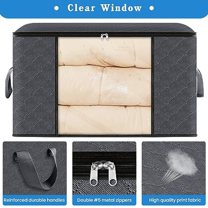 BlissTotes Storage Clothing Bags Storage Clothes Organizer with Reinforced Handle Sturdy Fabric Clear Window for Blankets, Bedding, Collapsible with Sturdy Zipper, 6 Pack, 60L, Grey
