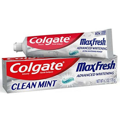 Colgate Max Fresh Toothpaste, Advanced Whitening Toothpaste with Mini Breath Strips, Clean Mint Toothpaste for Bad Breath, Helps Fight Cavities, Whitens Teeth, and Freshens Breath, 6.3 Oz Tube