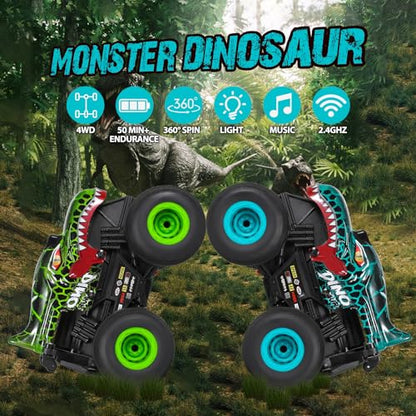 DYODYORC RC Monster Truck, 2.4Ghz High Speed Remote Control Car, All Terrain RC Truck with Light&Music&360°Stunt, RC Dinosaur Car with 2 Rechargeable Batteries, Toy Gifts for Boys and Girls (Cyan)